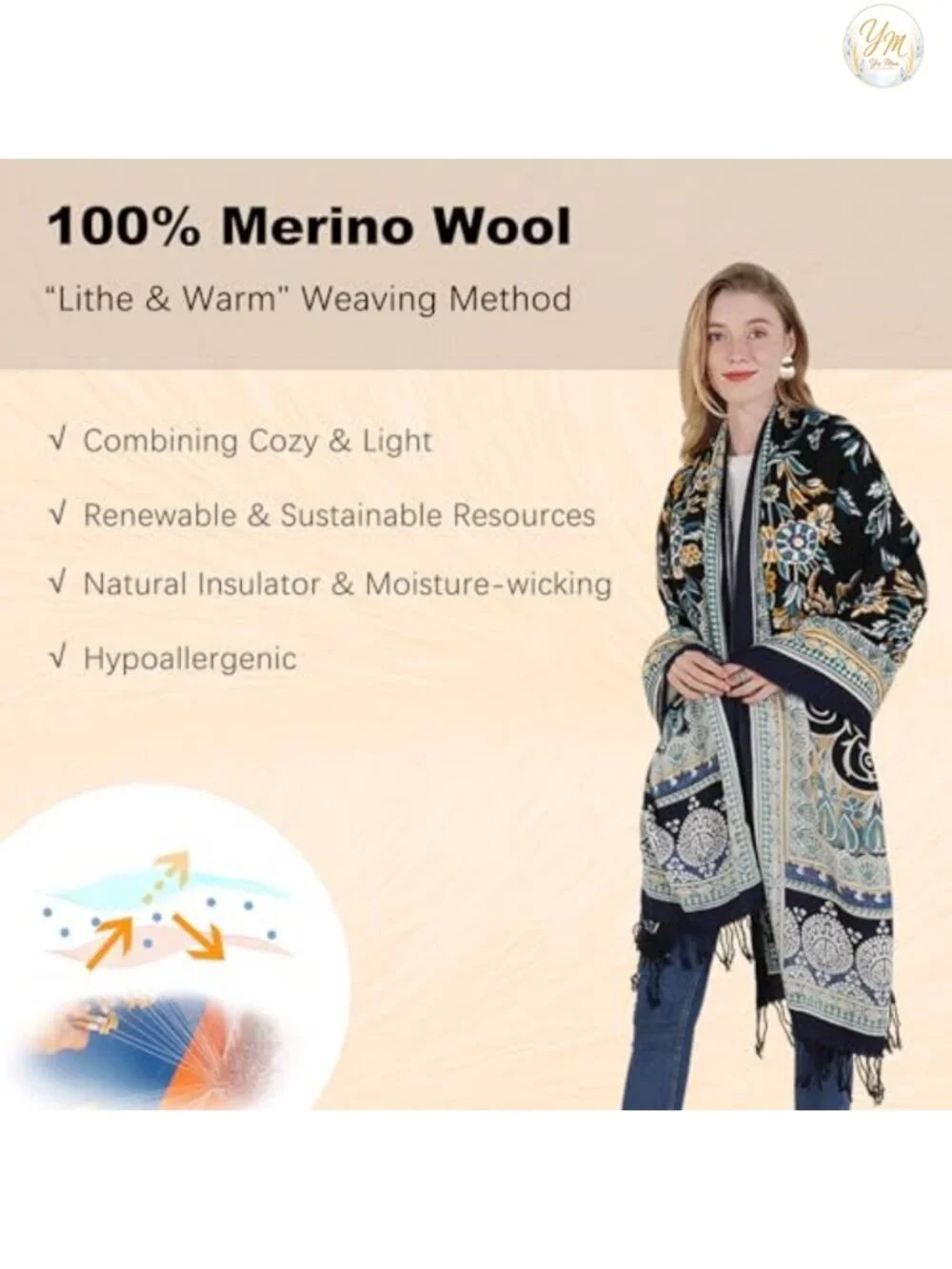 100% Merino Wool Extra Large Pashmina Shawl for Women, Oversized Wrap